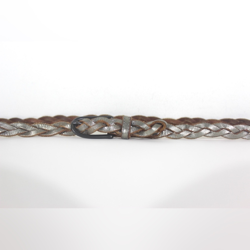 Skinny Metallic Platinum or Silver Woven Braided Leather Belt  Dark Buckle